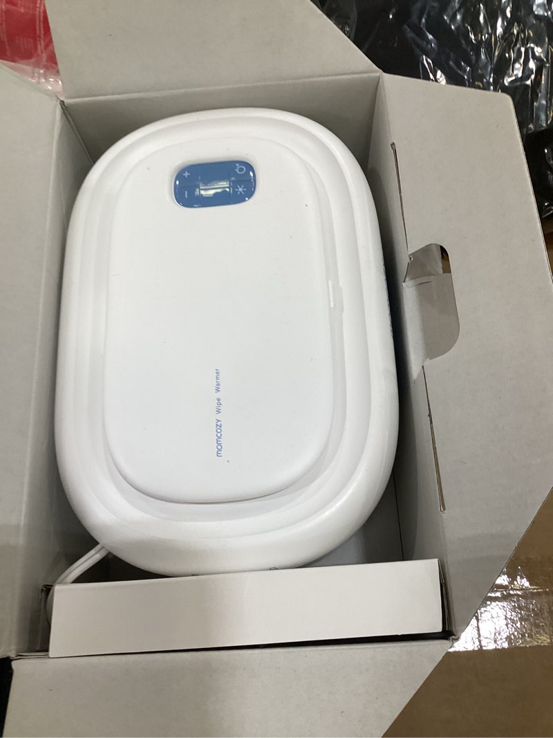 Condition photo showing As Is for momcozy baby wipe warmer, innovative spring design, large capacity wipes dispenser for 60-80pcs, fast & even heating, 4 modes of temperature heating control, diaper wipe warmer with night light, blue blue regular