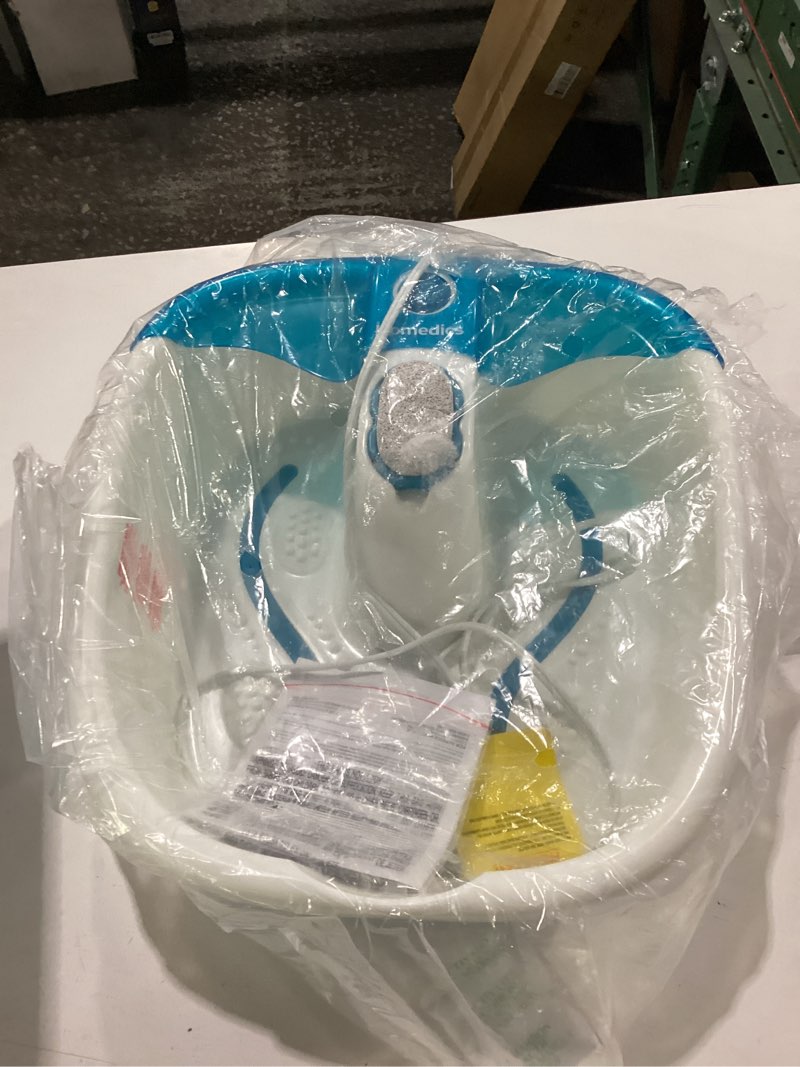 Condition photo showing New/Like New for homedics bubble mate foot spa, toe touch controlled foot bath with invigorating bubbles and splash proof, raised massage nodes and removable pumice stone