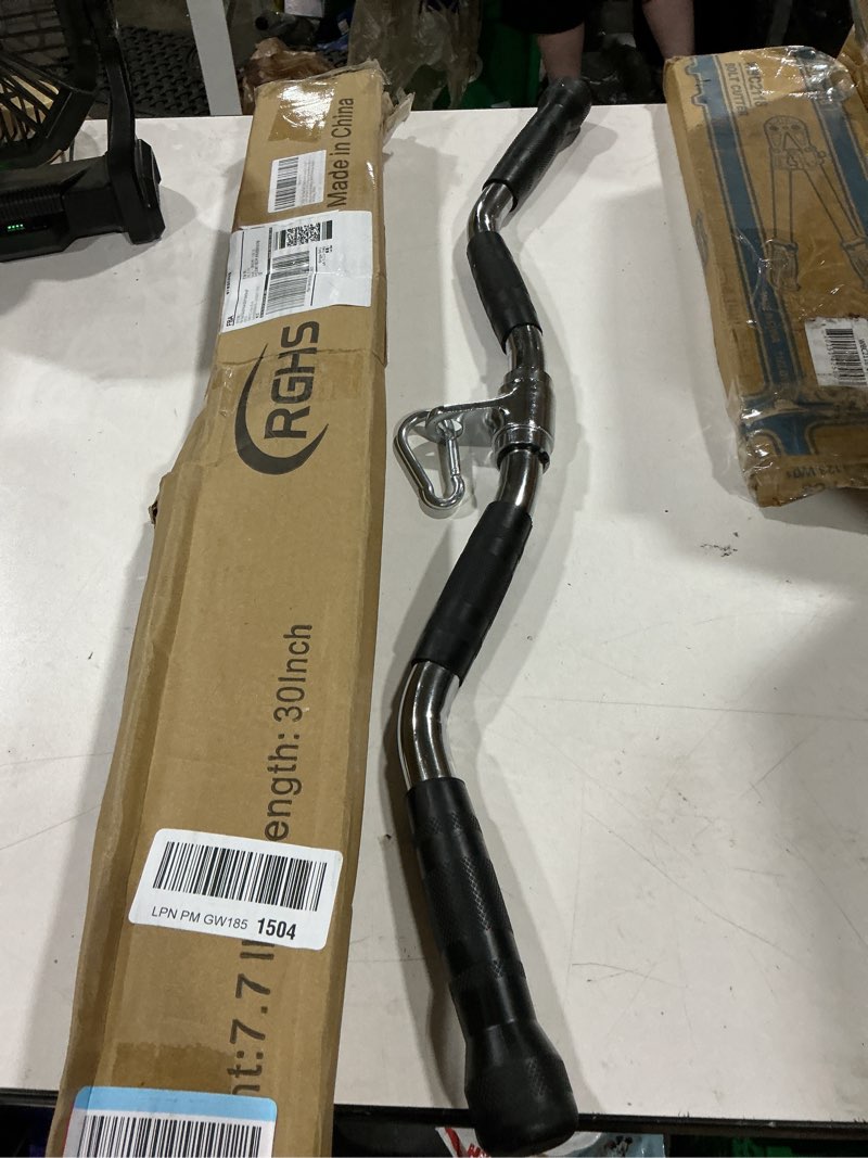 Condition photo showing Good Condition for lat bar cable machine attachment, curl pulldown bar with full rotation and rubber handle for gym, strength workout, body training, muscle building, 30 inch