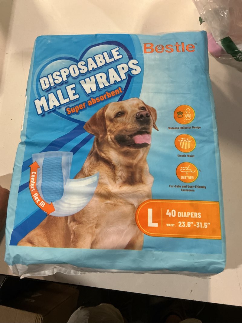 Condition photo showing New/Like New for bestle male dog wrap, disposable dog diapers, 40 count, l (waist 23.6”-31.5”), wetness indicator, ultra protection, leak proof, super absorbent, soft