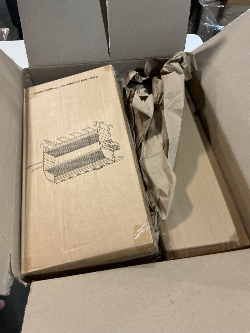 Condition photo showing Good Condition for Power Tool Organizer with Charging Station, Heavy Duty 3 Layer Drill Holder Wall Mount Garage Shelf Rack with 6 Outlet Power Strip, Tool Shelf with Hooks, Drill Bit Rack for Garage, Red