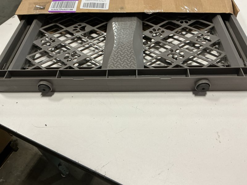 Condition photo showing As Is for MYPET North States Paws Portable Pet Gate: 26-40" Wide. Pressure Mount. No Tools Needed. Made in USA, 23" Tall, Expandable, Durable Dog Gates for Doorways, Fieldstone Gray