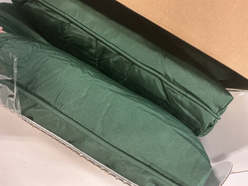 Condition photo showing As Is for downluxe outdoor chair cushions set of 4 for patio furniture, water resistant tufted overstuffed patio furniture cushions, thick outdoor seat cushion, 19" x 19" x 5", forest green forest green 4 count (pack of 1)