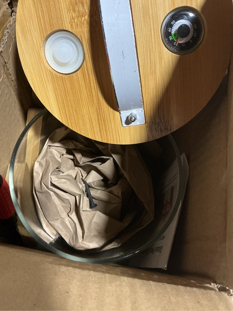 Condition photo showing Good Condition for HBlife 5-7 Lbs Glass Rice Dispenser with Wooden Stand Flour and Cereal Container with Glass Measuring Cup Pantry Food Organization Storage Bin with Airtight Bamboo Lid, 3L (Lable) 3L?Lable?