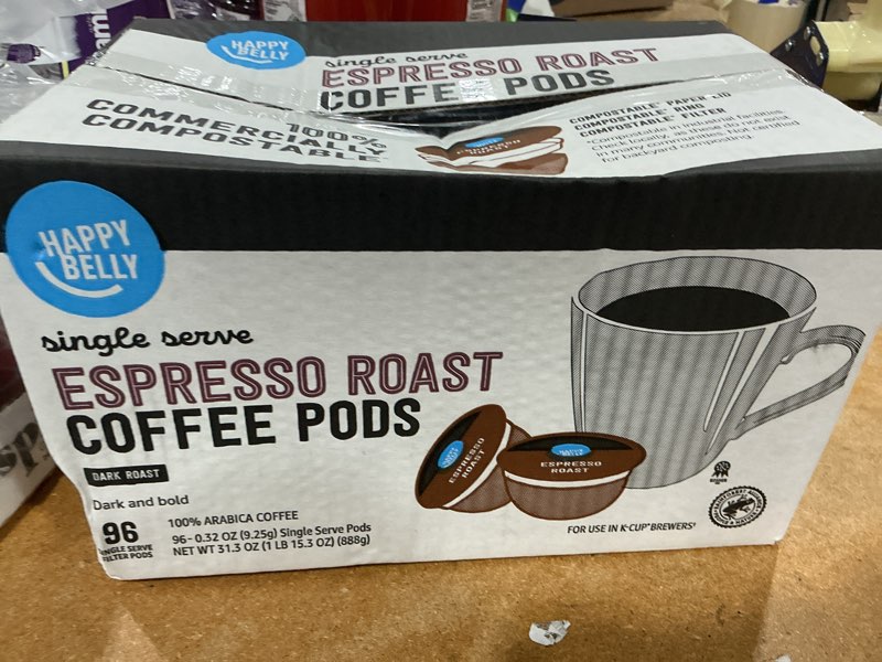 Condition photo showing New/Like New for best by 2.28.2027 amazon brand - happy belly espresso roast compostable coffee pods (dark roast), compatible with k-cup brewer, 96 count