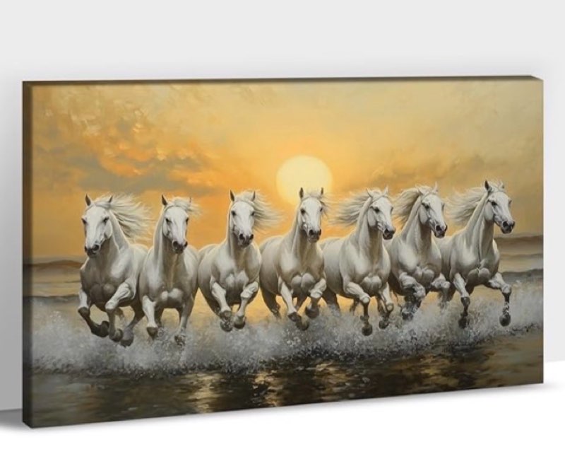 anruoxi horse pictures wall decor, 7 running horses wall art vastu with frame, horse posters canvas wall art, seven horses running painting vastu shastra for living room office ready to hang 18x24''