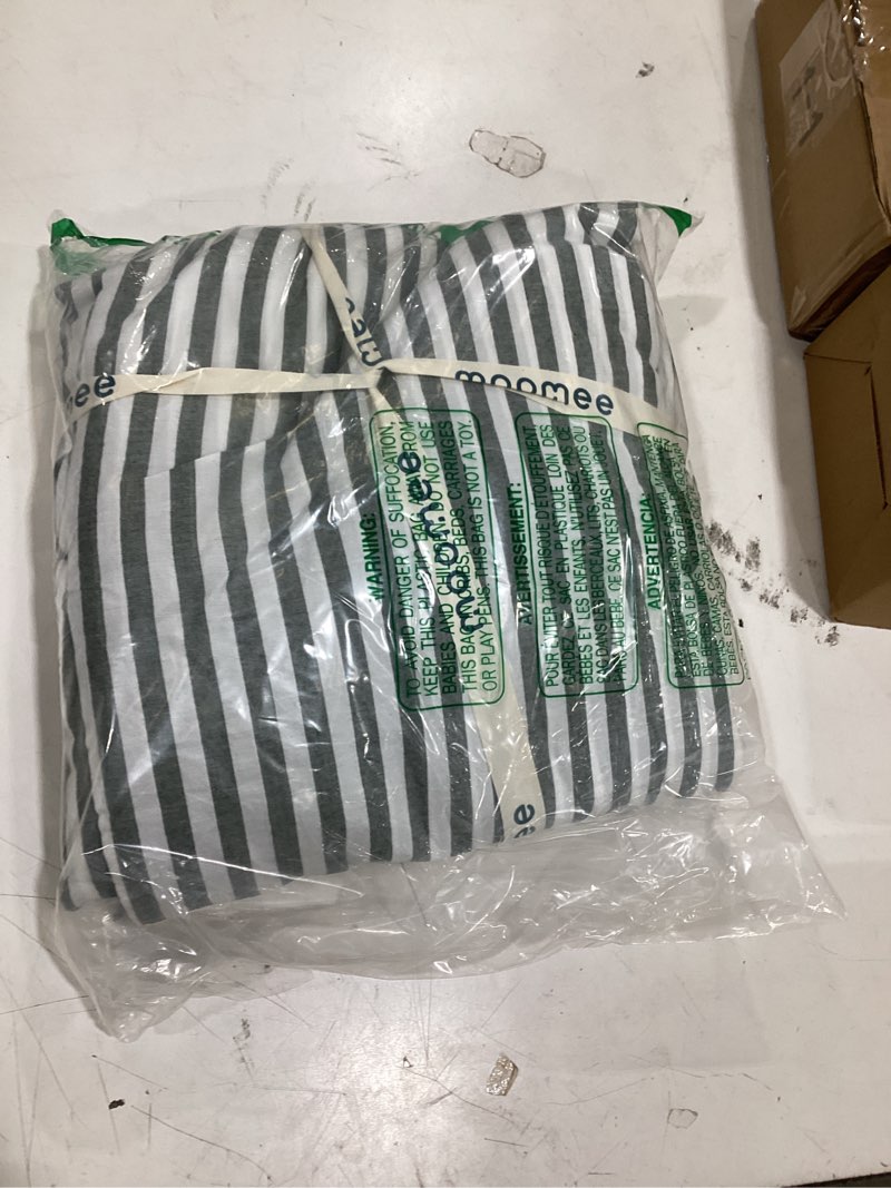 Condition photo showing Good Condition for moomee striped duvet cover set 100% washed cotton linen like queen | relaxed linen-like texture. soft, breathable & long-lasting comfort. lightweight. hidden zipper with 8 interior corner ties classic stripes - heathered green (no comforter) queen (90"x90")