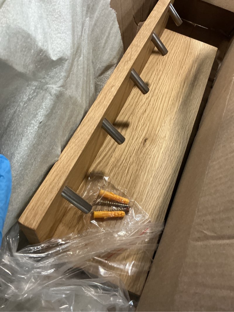 Condition photo showing Good Condition for Oak Wood Coat Rack Wall Mount with Shelf 20 Inch Long Entryway Wall Shelf with 5 Hooks, Floating Shelf with Hooks Wall Coat Hooks for Bathroom, Hallway, Living Room