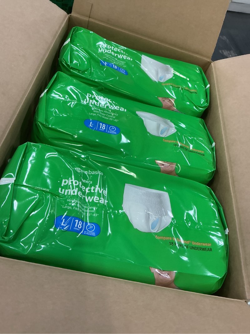 Condition photo showing Good Condition for amazon basics maximum absorbency incontinence underwear for men with leak protection and odor control, large, 54 count (3 packs of 18)