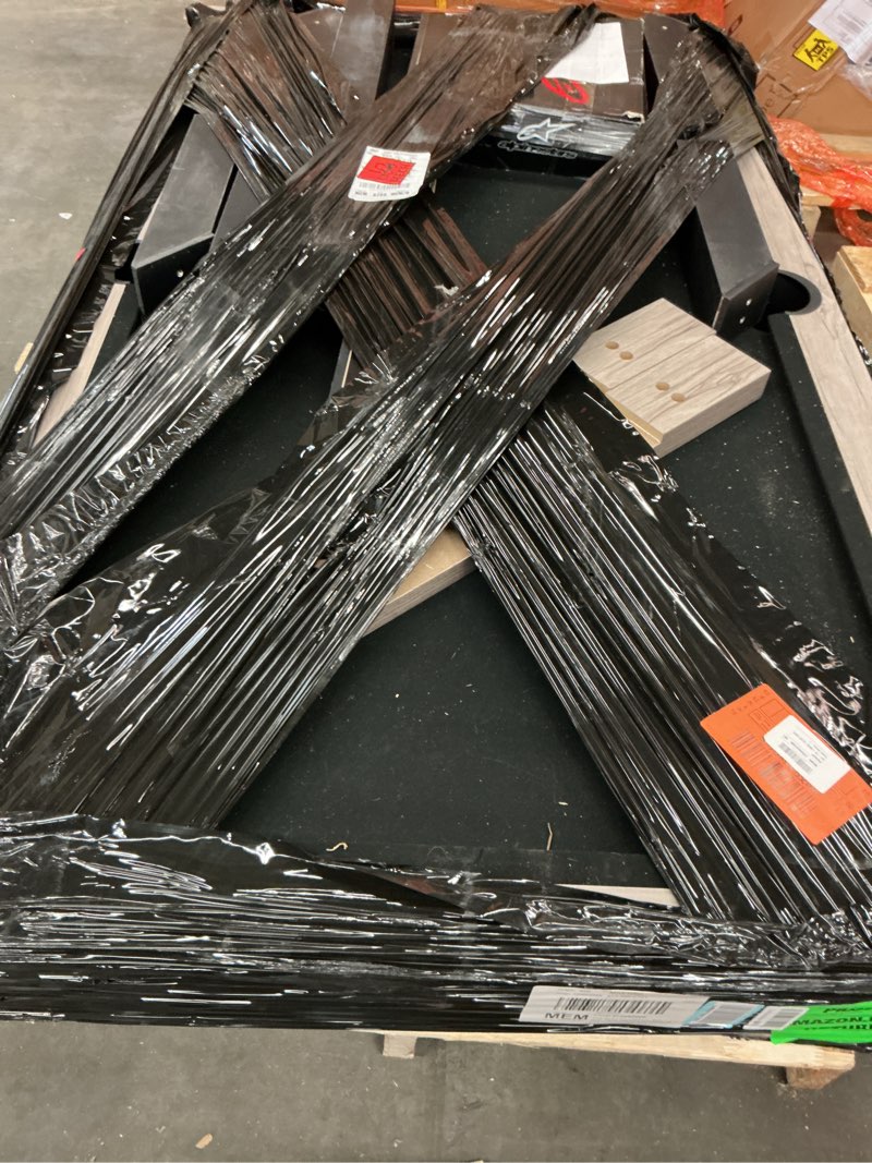 Condition photo showing As Is for 7 FT Pool Table, Billiard Table with 2 Cue Sticks, Billiard Balls, Cues, Cleaning Brush, X-Legs, Black Cloth, Rustic Grey, 84" L x 46.5" W x 32.7" H