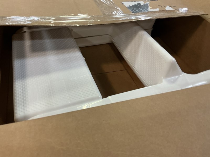 Condition photo showing Good Condition for rubbermaid two-step folding foot stool 14-inch high white 300 pound capacity small step stool for adults/kids for use in library/kitchen/bathroom/garage/closet white folding