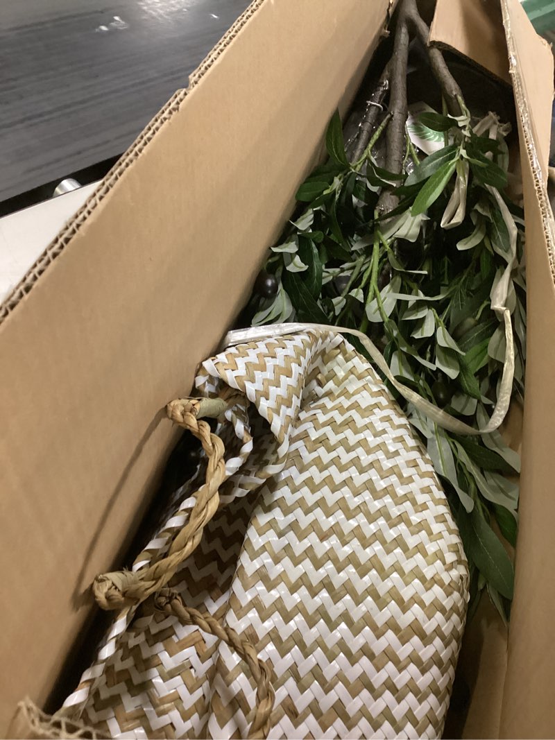 Condition photo showing Good Condition for Warmplants Artificial Olive Tree, 7ft Tall Fake Olive Leaves Plant with Basket, Indoor Outdoor Faux Olive Topiary Silk Tree for Home Livingroom Office Décor