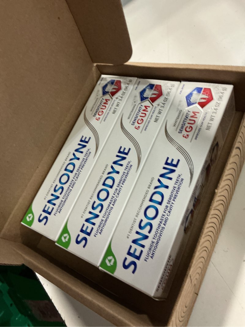 Condition photo showing Good Condition for sensodyne sensitivity & gum whitening toothpaste, toothpaste for sensitive teeth & gum problems, 3.4 ounces (pack of 3)