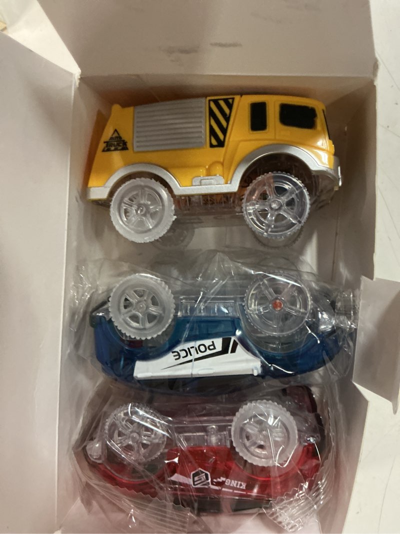 Condition photo showing New/Like New for track cars only replacement light up toy cars with 5 flashing led lights for tracks glow in the dark, flex race car track accessories compatible with most car tracks for kids (3 pack) with screwdriver
