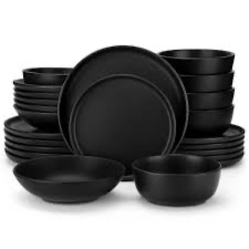 KINGSTONE Black Dinnerware Sets, 24-Piece Matte Marble Pattern Premium Porcelain, Place Setting with