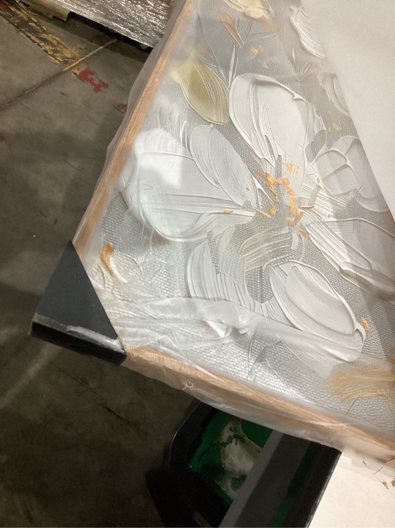 Condition photo showing New/Like New for large white flower framed wall art modern white and gold floral canvas oil painting nature botanical wall decor abstract aesthetic artwork for living room bedroom decor -20"x40" white floral wall art 40"l x 20"w