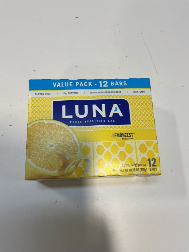 Condition photo showing New/Like New for LUNA Bar - LemonZest Flavor - Gluten-Free - Non-GMO - 7-9g Protein - Made with Organic Oats - Low Glycemic - Whole Nutrition Snack Bars - 1.69 oz. (12 Pack) (Best By  /01/06/2026)