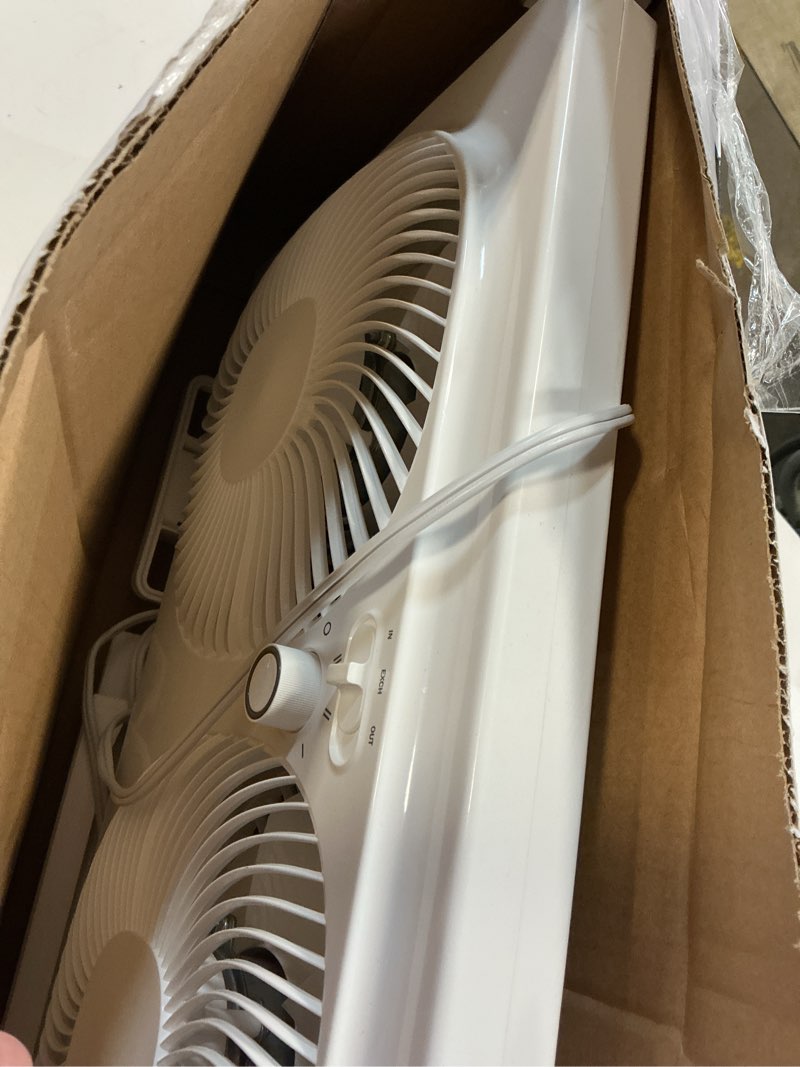 Condition photo showing As Is for mainstays 9'' 3-speed, reversable twin window fan, white