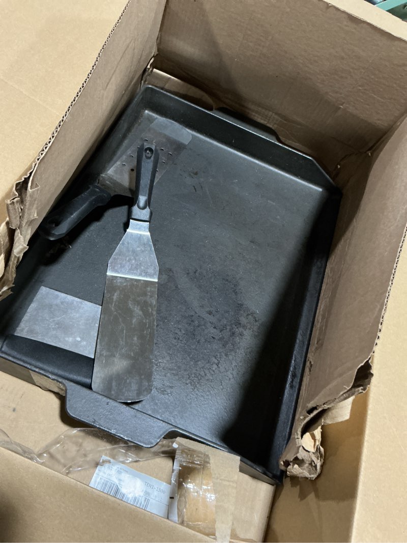 Condition photo showing As Is for bbq future universal cast iron griddle for gas grill with spatula set, 23" x 16" pre-seasoned nonstick griddle insert large bbq flat top plate for all gas/electric grill, stove top and more 23" x 16" x 2.6"