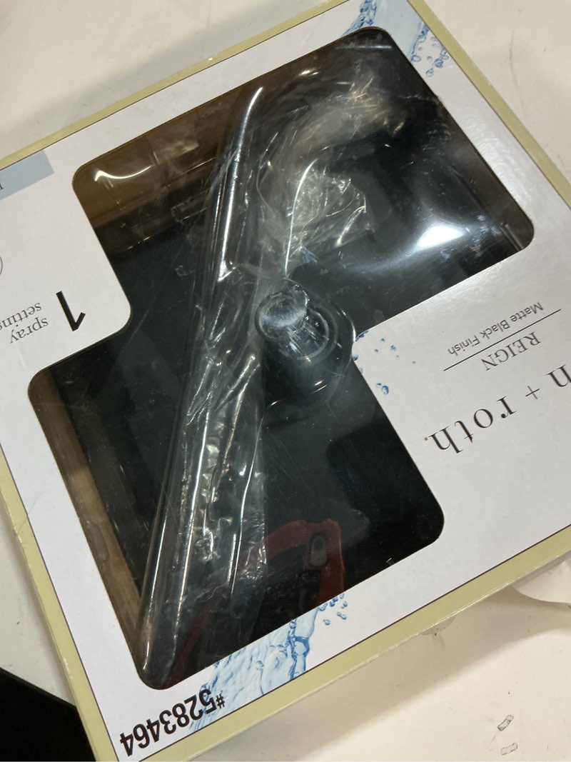 Condition photo showing item condition for 100+ bought last week allen + roth reign 1 -spray matte black 10-in square rain shower head 1.8 gpm item #5283464 | model #3073-05118-armb