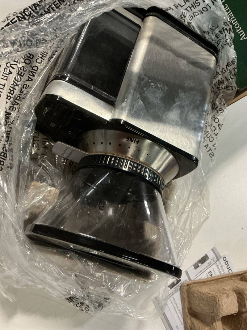 Condition photo showing As Is for cuisinart coffee grinder, electric one-touch automatic burr coffee grinder with 18-position grind selector, cup size selector for 4 – 18 cups, dbm-8p1, black stainless burr mill stainless steel