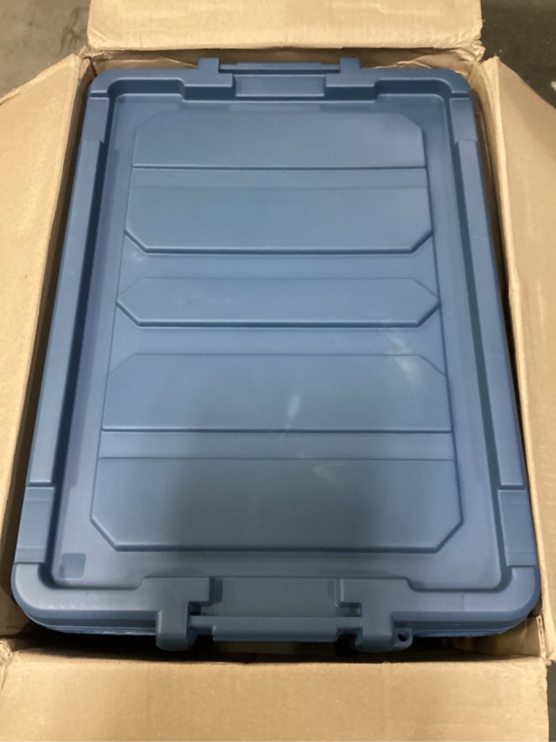Condition photo showing As Is for IRIS USA 11.75 Gallon Lockable Storage Totes with Lids, Heavy-Duty Stackable Containers, Garage Organizing Bins Moving Tubs, Rugged Sturdy Equipment Utility Box, 4 Pack - Navy Navy 12 Gal - 4 Pack