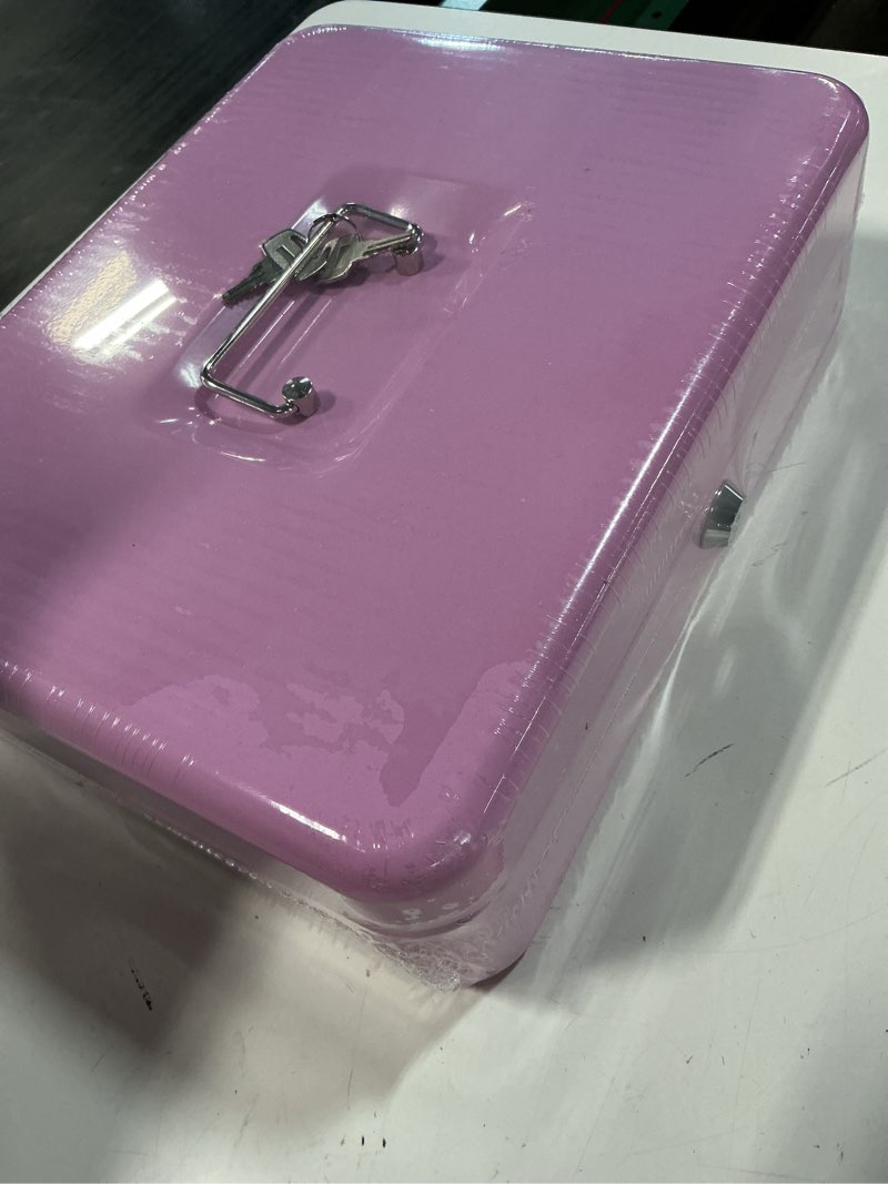 Condition photo showing New/Like New for kyodoled locking cash box with lock, money box with cash tray,lock safe box with key, money saving organizer, 11.81lx 9.45wx 3.54h inches, pink xl large pink xl-key lock
