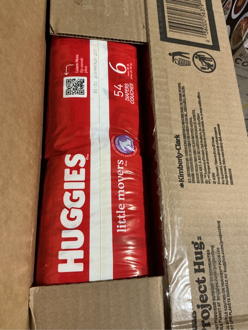 Condition photo showing Good Condition for huggies size 6 diapers, little movers baby diapers, size 6 (35+ lbs), 108 count (2 packs of 54), packaging may vary