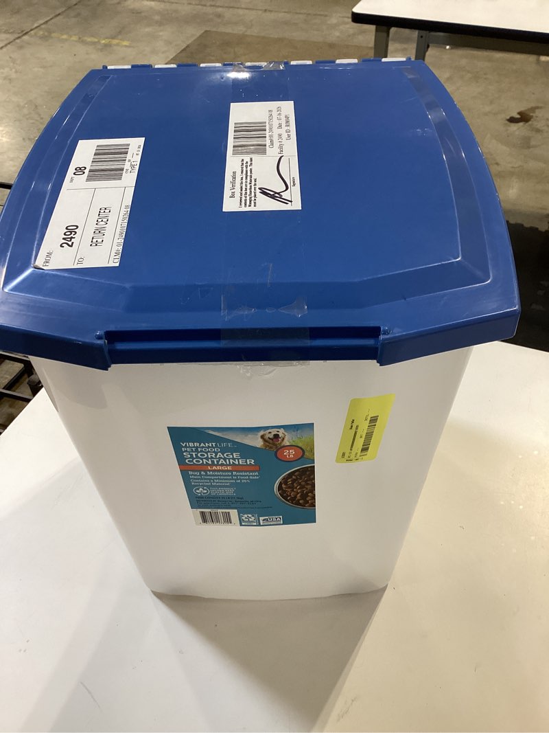 Condition photo showing New/Like New for vibrant life plastic pet food storage container with locking lid, 25 lb capacity