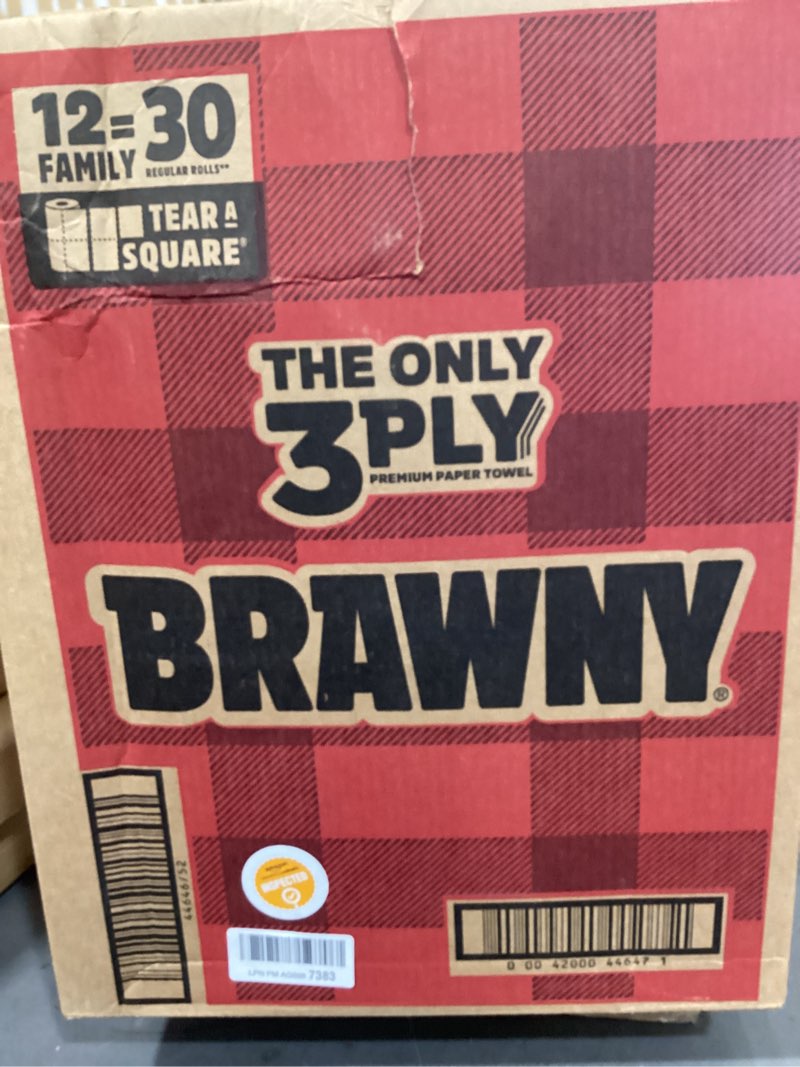 Condition photo showing New/Like New for brawny tear-a-square 3-ply paper towels, 12 xl family rolls = 30 regular rolls, strong, absorbent, and durable with 3 sheet sizes (quarter, half, full) family 12 xl family rolls