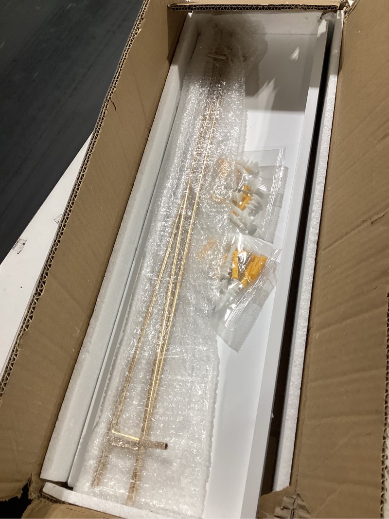 Condition photo showing New/Like New for wopitues floating shelves 24 inch with gold metal guardrail, shelves for wall decor set of 3, wall shelves for bedroom, bathroom, kitchen, living room, plants, picture frames, art- white and gold white and gold 23.6 inch