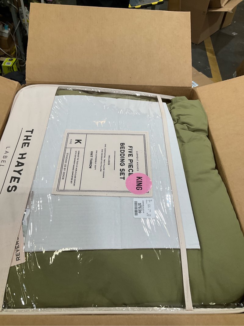 Condition photo showing As Is for ROSGONIA King Size Comforter Set Olive Green, 3pcs (1 Boho Comforter & 2 Pillowcases), Lightweight Bedding Blanket All Season Bedspreads Quilt King Comforter 104"x90" Olive Green