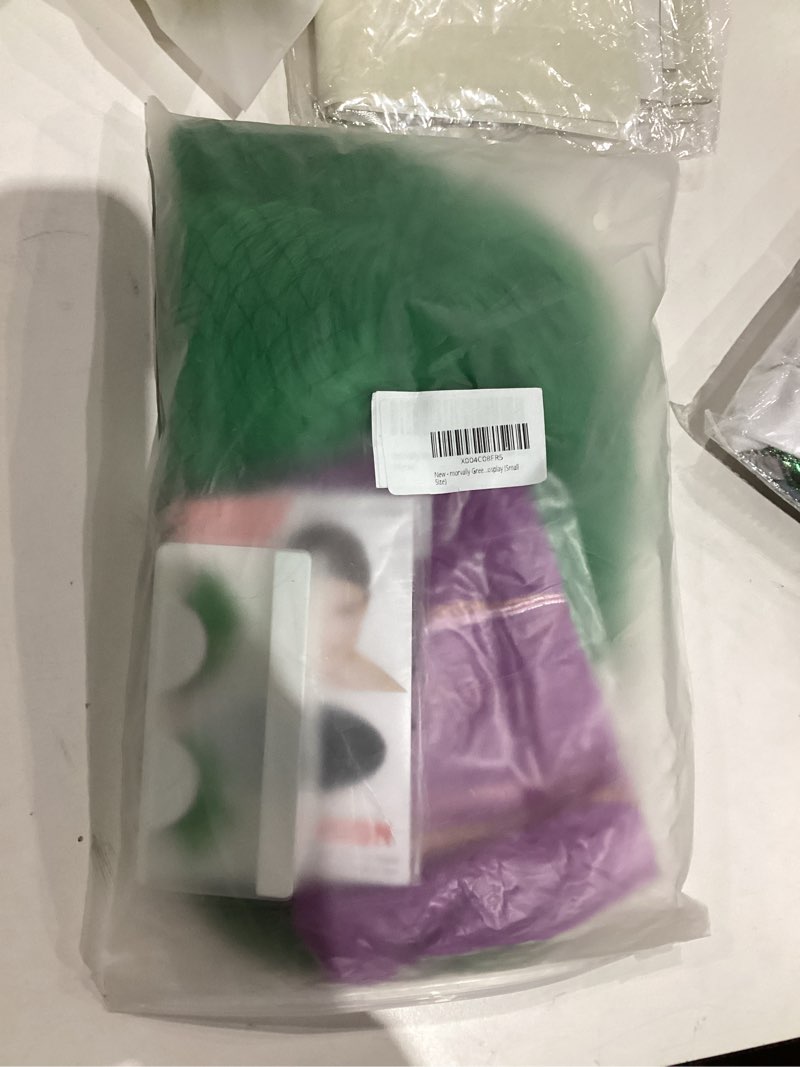 Condition photo showing New/Like New for morvally Green Costume Wig with Scarf and False Eyelashes Short Green Wavy Wigs for Halloween Costume Emotion Anime Cosplay (Small Size)