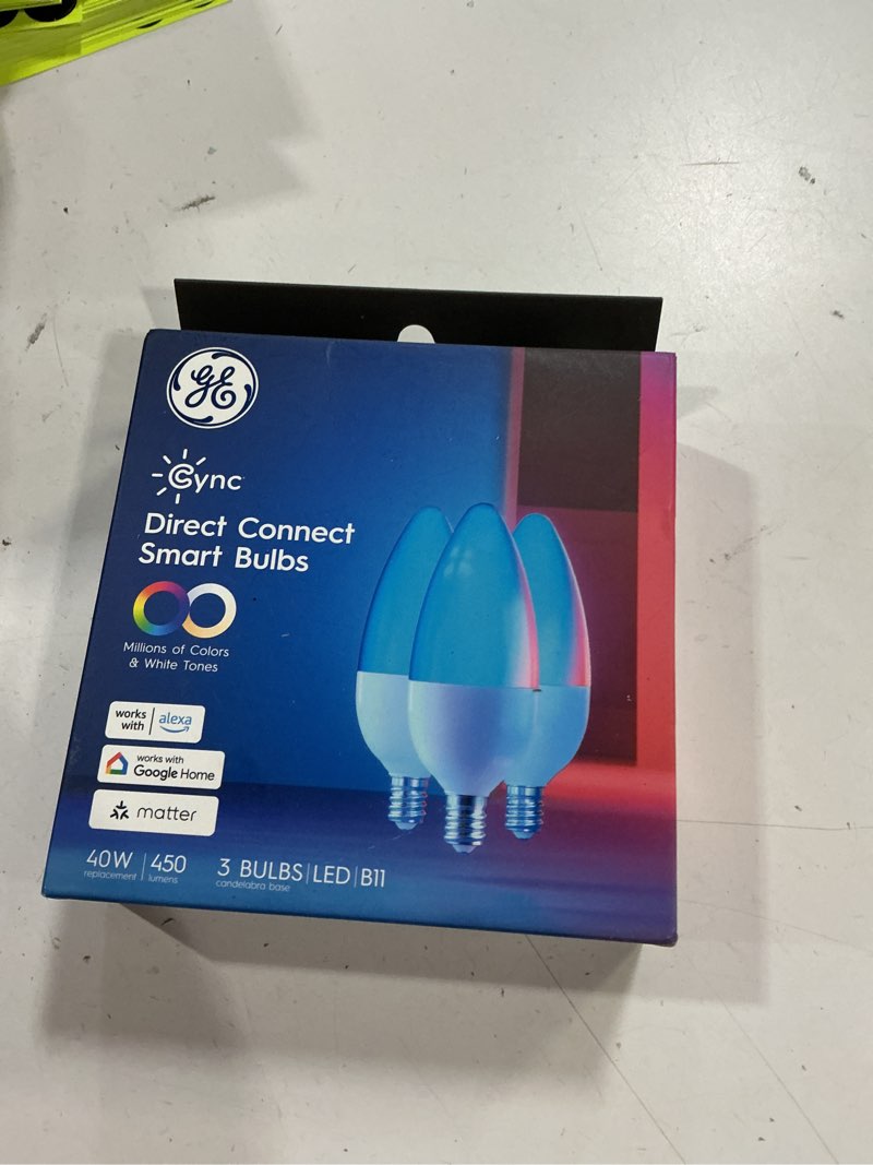 Condition photo showing New/Like New for GE Cync Smart LED Light Bulbs, Color Changing Decorative Light Bulbs, Indoor WiFi Lights, Matter Compatible, Compatible with Alexa and Google Home, Candelabra Base (3 Pack)