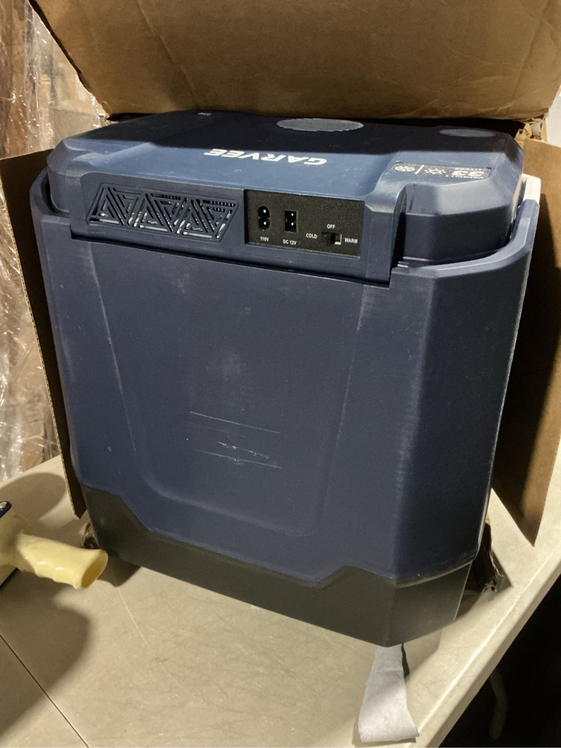 Condition photo showing As Is for crystals 33l electric cool box for car & home - hot & cold thermoelectric cooler, 12v dc & 240v ac, portable camping fridge for travel, picnic, office, boat