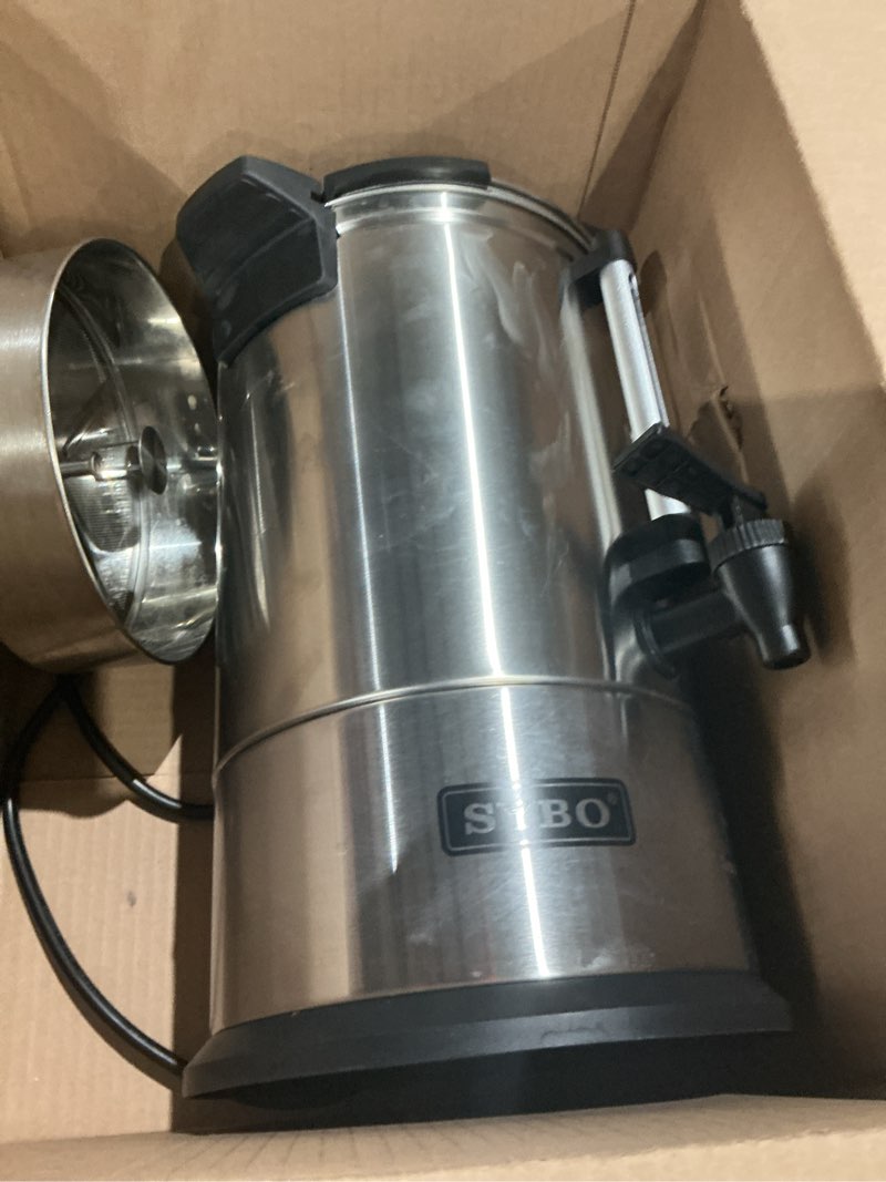 Condition photo showing As Is for sybo sr-cp-50b commercial grade stainless steel percolate coffee maker hot water urn for catering, 50-cup 8 l, metallic 8l metallic