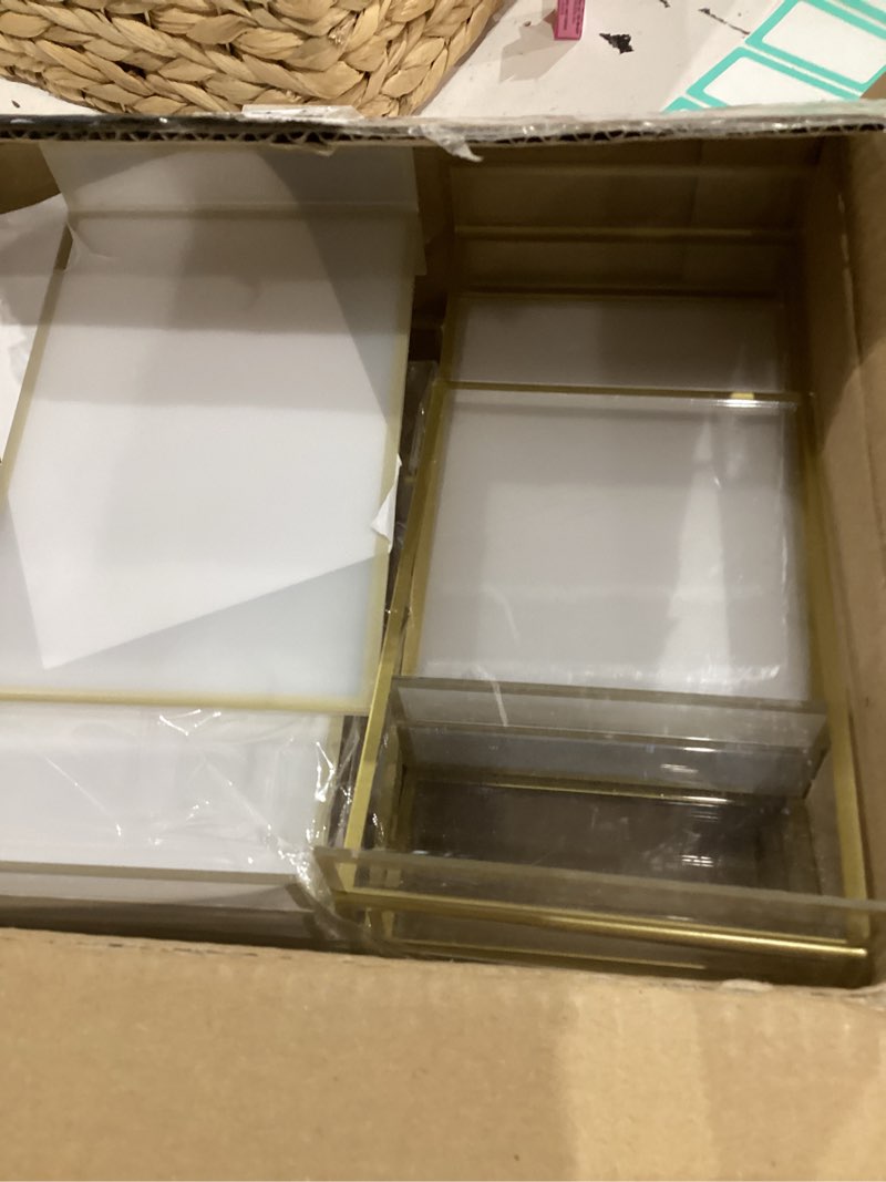 Condition photo showing As Is for 20 Pack Gold Acrylic Sign Holders 4x6 Inch, Double Sided Vertical Stand Clear Picture Frames, Table Menu Display Holders for Wedding Table Numbers, Restaurant Signs, Party and Office Photos 20 Pack 4×6 Inch-Gold-Vertical