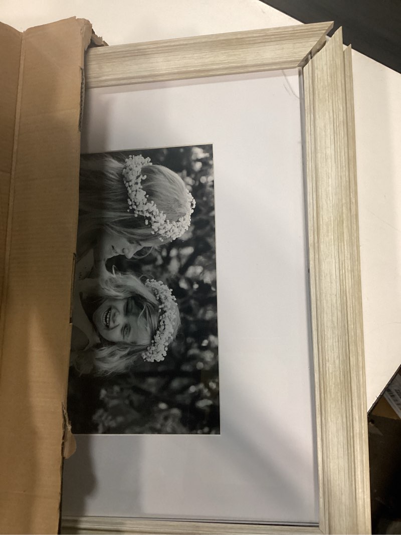 Condition photo showing As Is for yaetm 16x20 picture frame matted to 11x14 set of 2, 1.4" wide molding & rustic white 16x20 frames for wall gallery, wall mounting (2 pack, white) 16x20, 2 pack rustic white