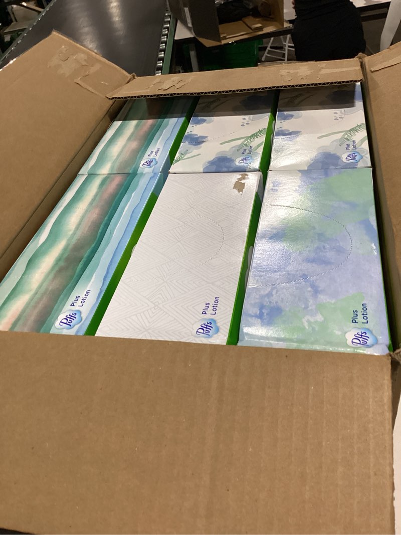Condition photo showing New/Like New for puffs plus lotion facial tissues, 24 family boxes, 124 tissues per box 124 count (pack of 24)