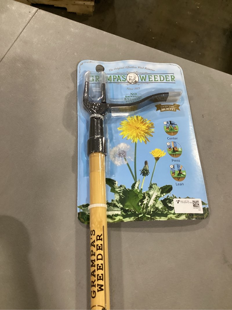 Condition photo showing New/Like New for grampa's weeder - the original stand up weed puller tool with long handle - made with real bamboo & 4-claw steel head design - easily remove weeds without bending, pulling, or kneeling.