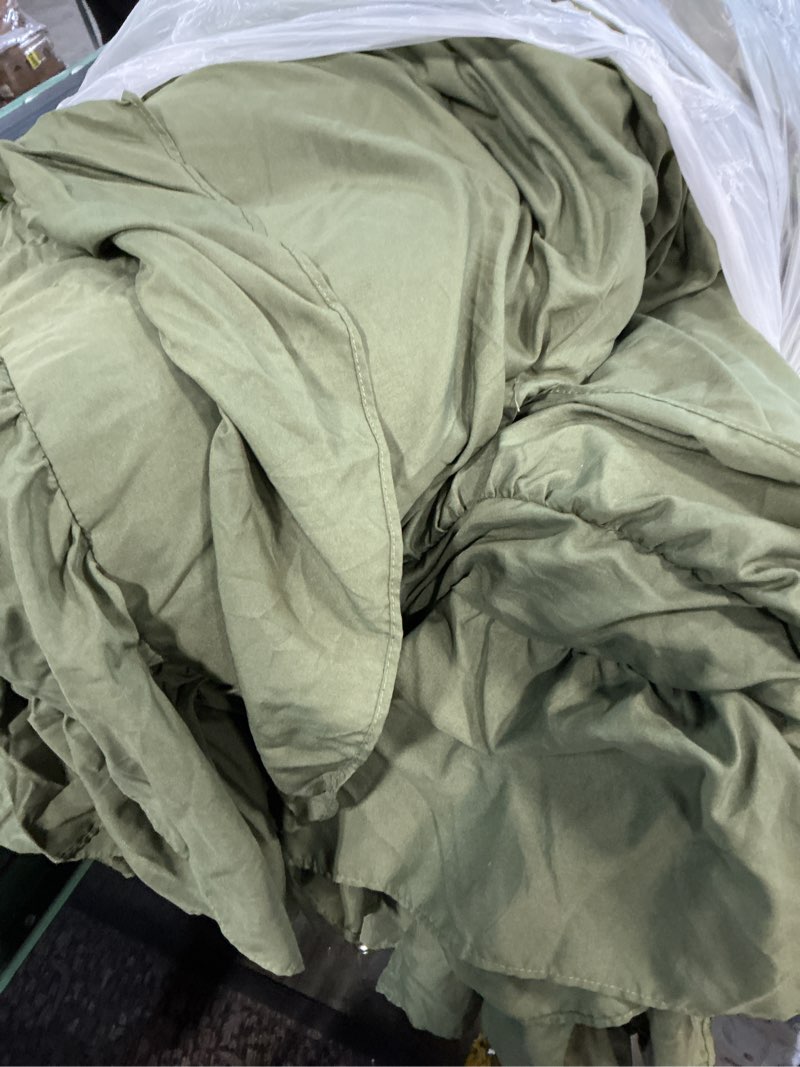 Condition photo showing As Is for andency olive green queen comforter set (90x90inch), 3 pieces lightweight fluffy ruffle bedding comforter sets for queen bed, farmhouse shabby chic soft polyester all season bed set olive queen(90"x90")