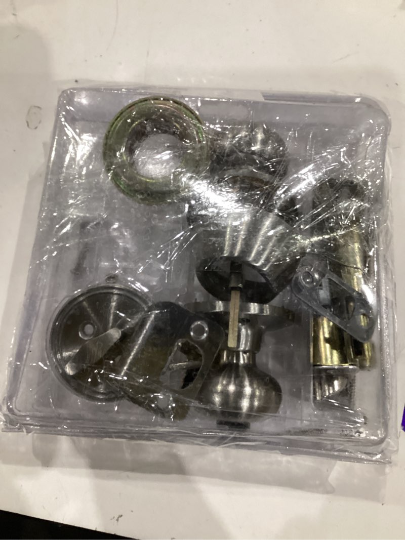 Condition photo showing Good Condition for 2 pack  keyed entry door knob and single cylinder deadbolt combination set in satin nickel, keyed alike exterior knob door handle and deadbolt lock and key, round locking lever handle set 3 pack modern brushed nickel