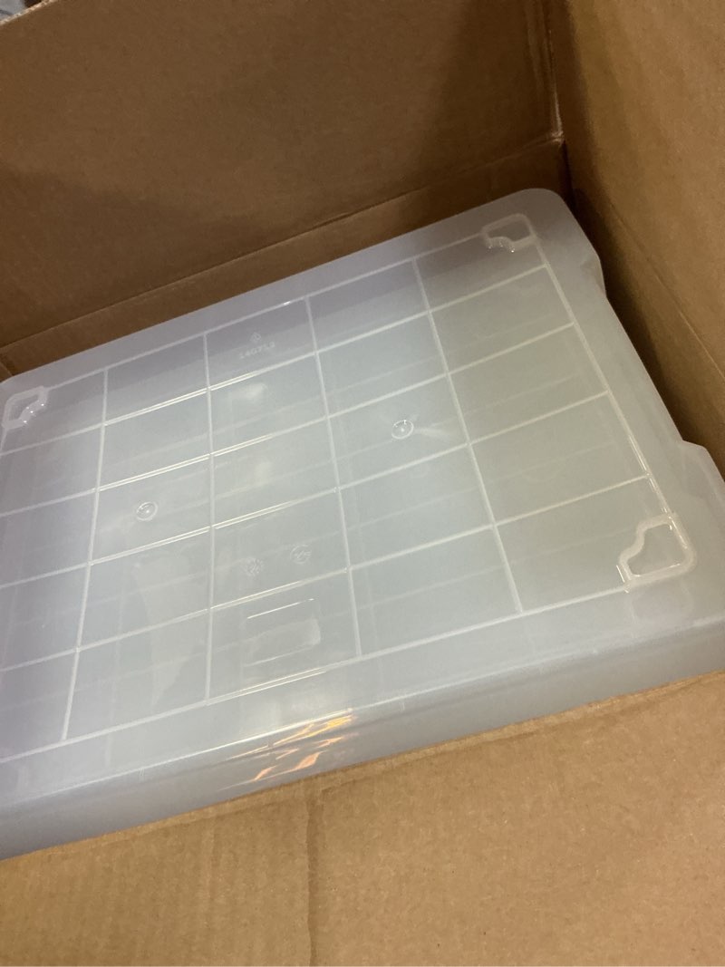 Condition photo showing New/Like New for IRIS USA WeatherPro 27 Qt Storage Bins with Lids, 3 Pack, BPA-Free Plastic Gasket Box with Tight Latch and Seal, Stackable Nestable Tote Tub - Clear/Blue 27 Qt. - 3 Pack