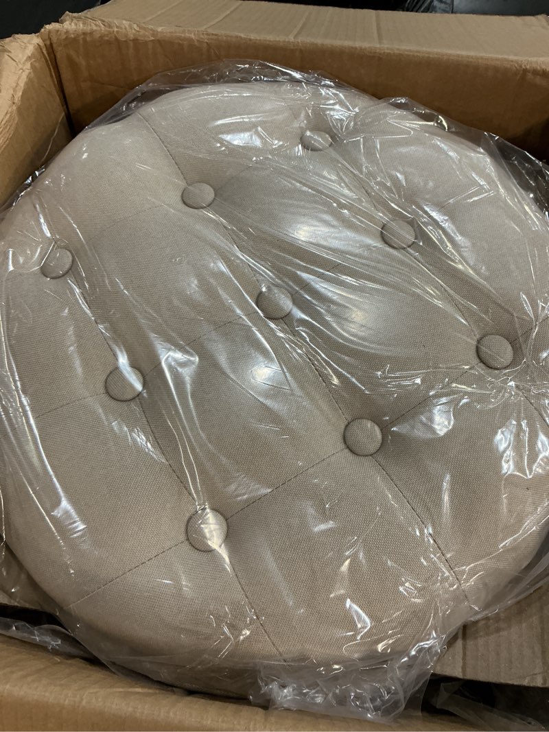 Condition photo showing Good Condition for songmics round ottoman, ottoman with storage, 17.7 x 17.7 x 17.5 inches, foot rest with legs, linen-look fabric, load up to 330 lb, for living room, bedroom, light beige ulom011w01 light beige 17.7"d x 17.7"w x 17.5"h classic