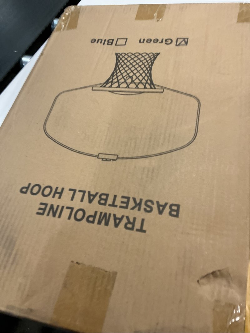 Condition photo showing New/Like New for trampoline basketball hoop, with pump and mini balls, easy to assemble sturdy for dunk fit, waterproof, accessory of trampoline