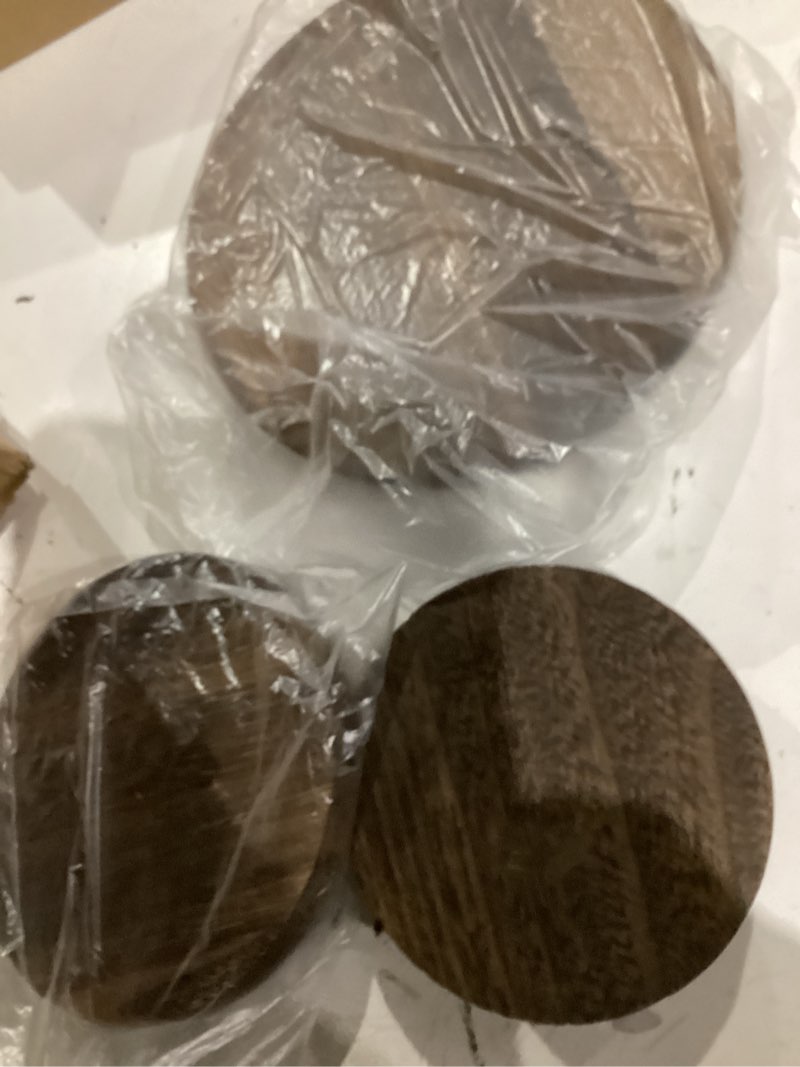 Condition photo showing Good Condition for 3pcs wooden risers for decor, mini pedestal plants stool display stand, tiered tray round risers decor, flower pot pedestal holder for home kitchen cake dessert display