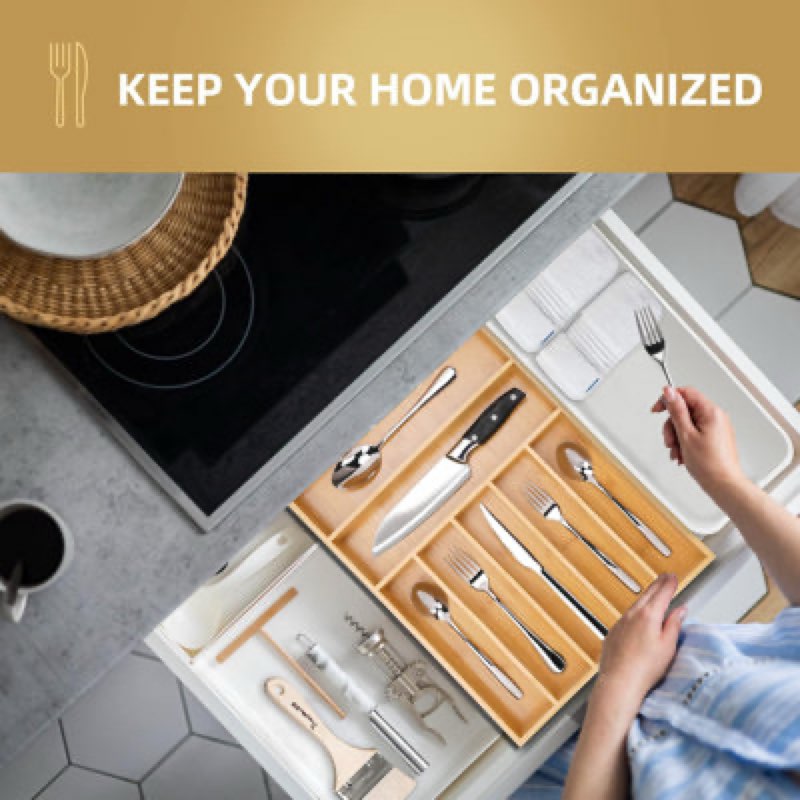 KitchenEdge Silverware Organizer - Cutlery, Flatware, and Utensil Holder for Kitchen Drawers, Fixed 10.5\\\" Width, 7 Storage Compartments, Non-Slip Feet, Rounded Corners, 100% Bamboo 