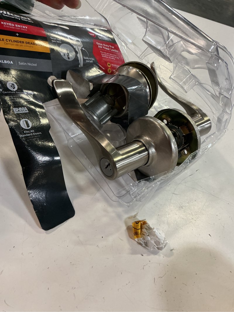 Condition photo showing As Is for kwikset smartkey security balboa satin nickel deadbolt and entry door knob kw1 2-3/4 in.