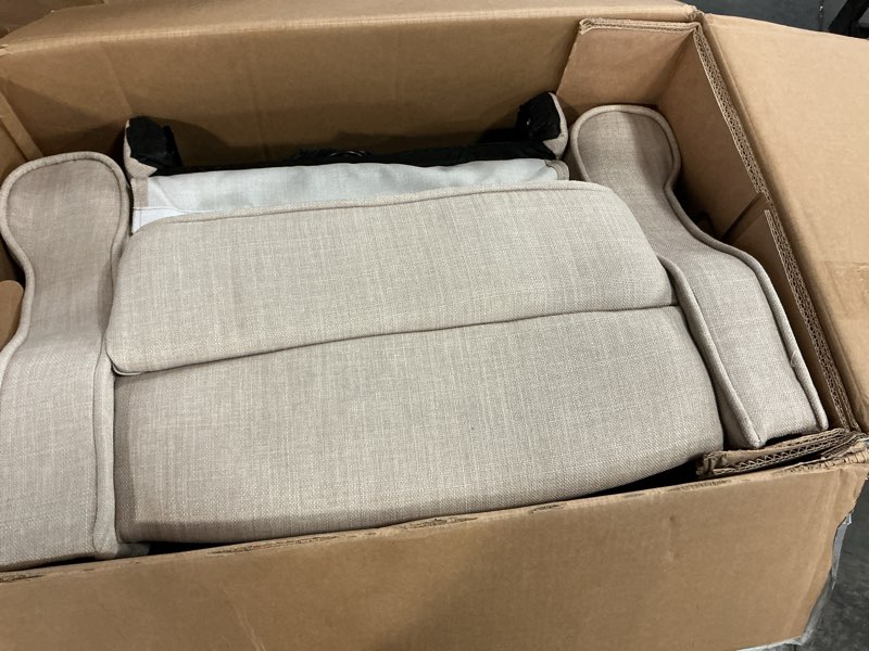 Condition photo showing As Is for harbor beige auto gliding power recliner with usb & usb-c ports