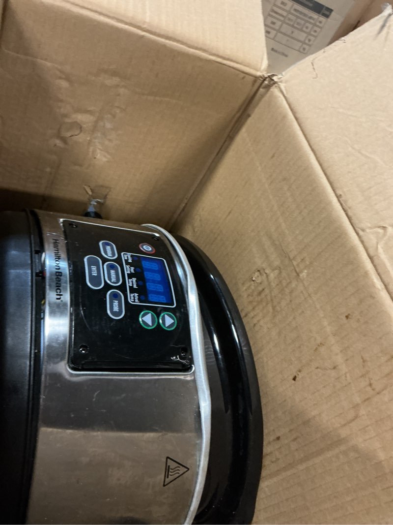 Condition photo showing As Is for hamilton beach portable 6 quart set & forget digital programmable slow cooker with lid lock, temperature probe, dishwasher safe crock & lid, stainless steel (33969a) set & forget, stainless steel 6 quarts